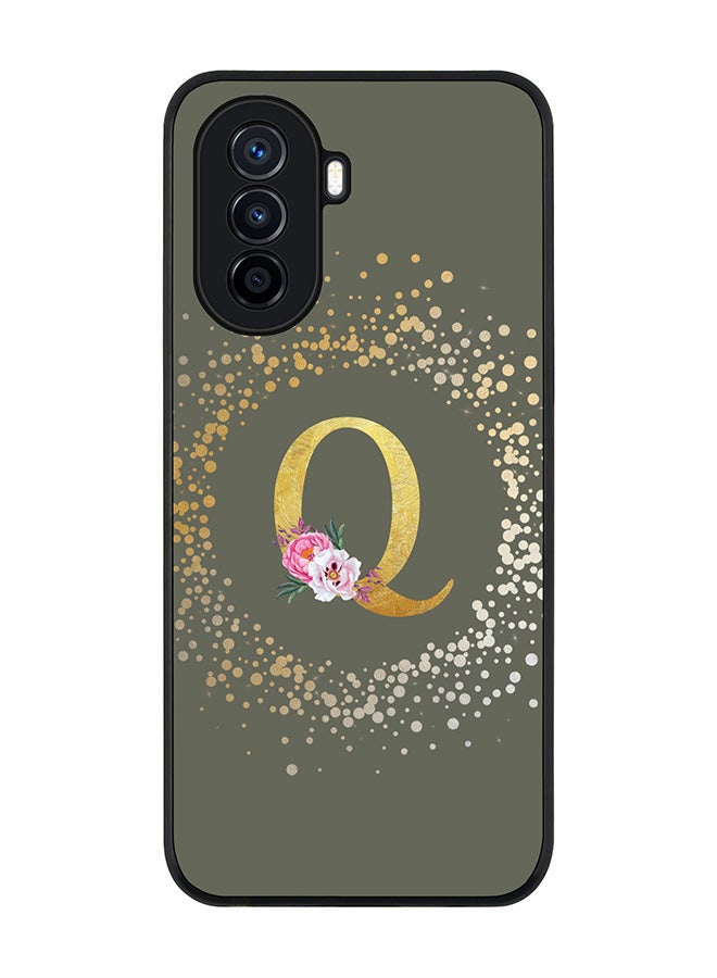 Rugged Black Edge case for Huawei nova Y71,Slim fit Flexible Cover - Custom Monogram Initial Letter Floral Pattern Alphabet - Q (Olive Green)