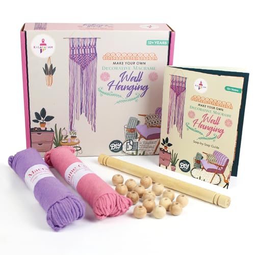 Kalakaram DIY Pink & Purple Macrame Wall Hanging Kit for Kids - Craft Kit with Cotton Cord, Wooden Dowel & Beads, Fun Activity for Girls - Image 1