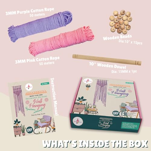 Kalakaram DIY Pink & Purple Macrame Wall Hanging Kit for Kids - Craft Kit with Cotton Cord, Wooden Dowel & Beads, Fun Activity for Girls - Image 2