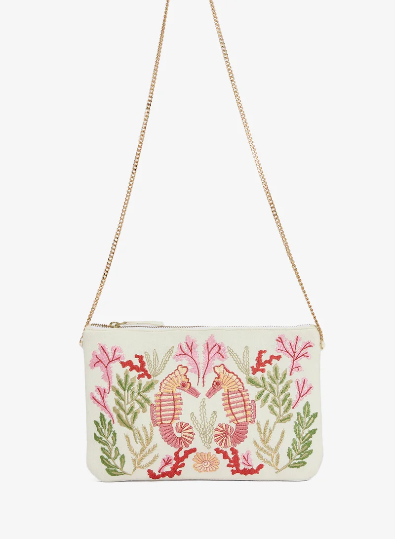 Ginger Boutique Embroidered Seahorse Print Pouch
