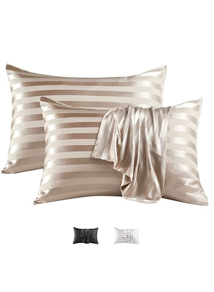 SMILEE 100 % pure mulberry queen pillow sleeve 2 pillow hoods (Khaki Striped) - Image 1