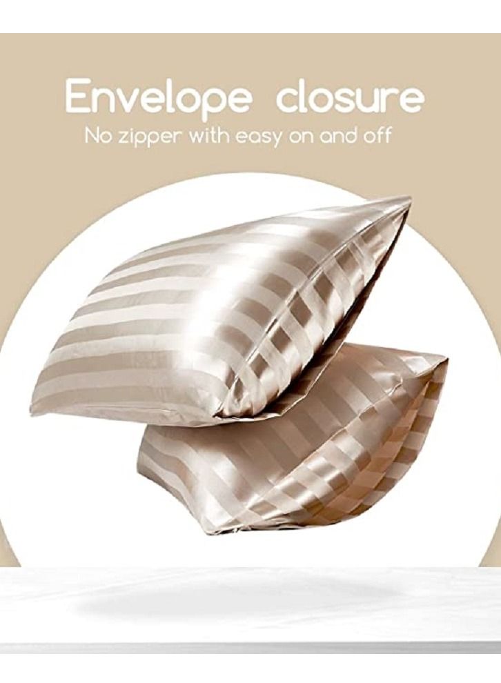 SMILEE 100 % pure mulberry queen pillow sleeve 2 pillow hoods (Khaki Striped) - Image 2