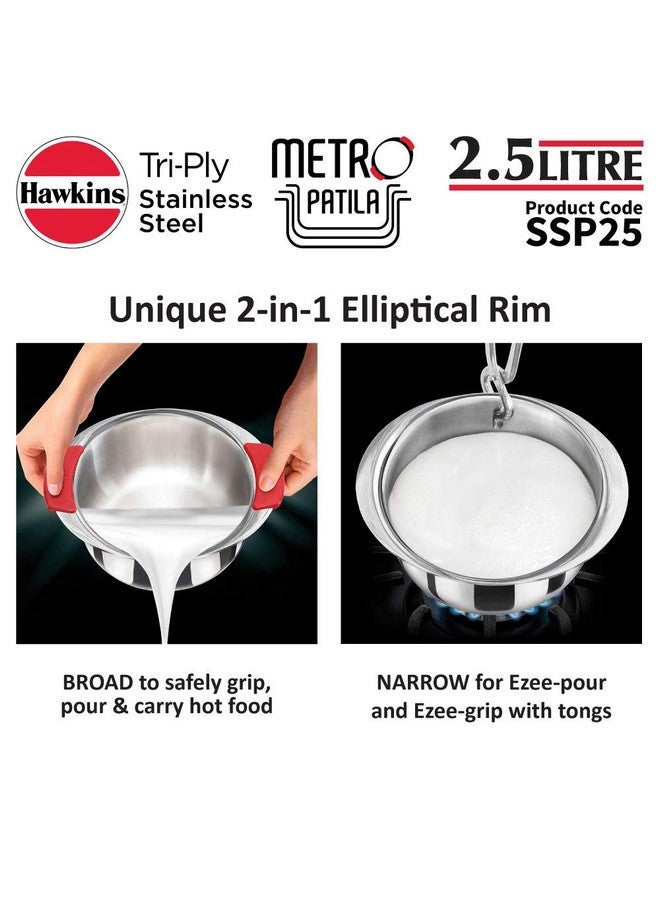 Hawkins 2.5 Litre Metro Patila, Triply Stainless Steel Tope, Induction Bhagona, Tapeli, Silver (SSP25) - Image 2