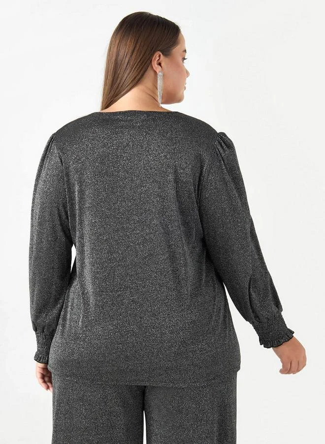 Ulla Popken Plus Size Ulla Popken Textured V-neck T-shirt with Long Sleeves
