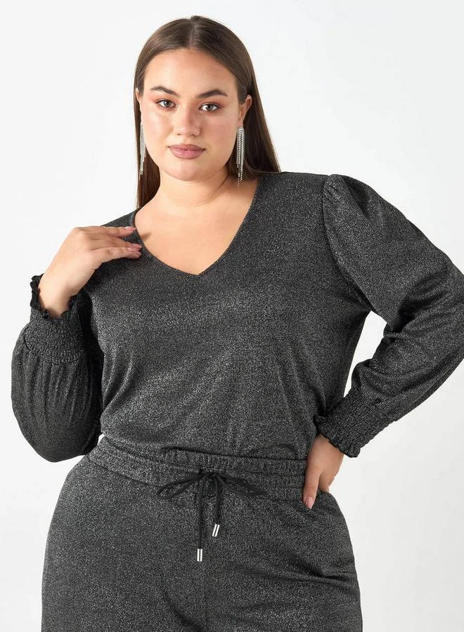 Ulla Popken Plus Size Ulla Popken Textured V-neck T-shirt with Long Sleeves