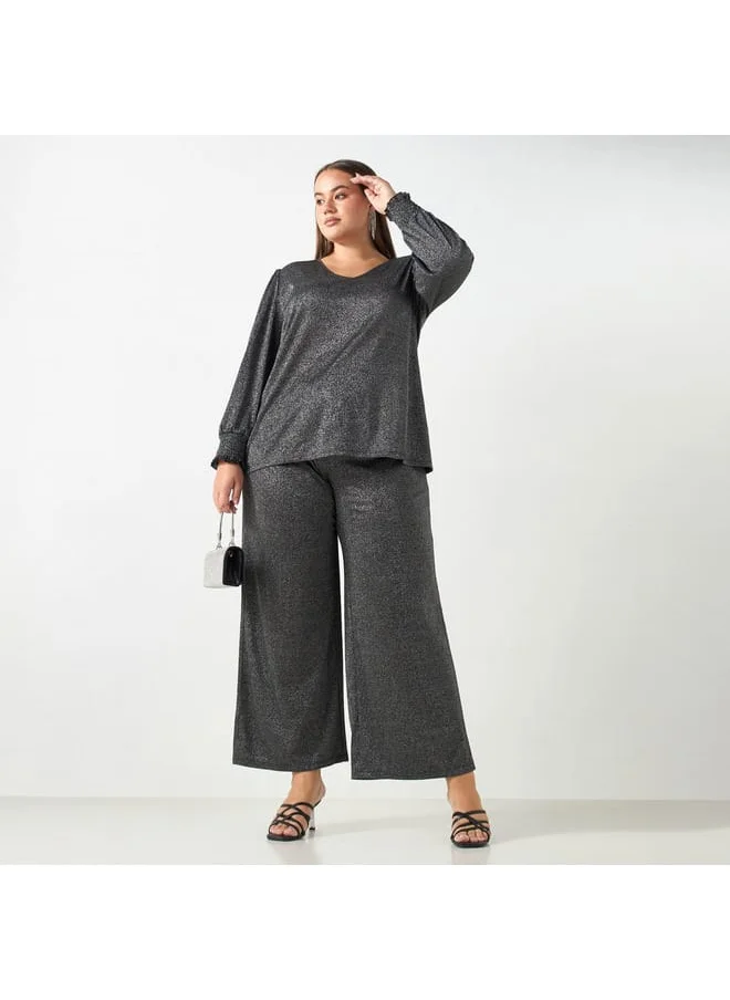 Ulla Popken Plus Size Ulla Popken Textured V-neck T-shirt with Long Sleeves