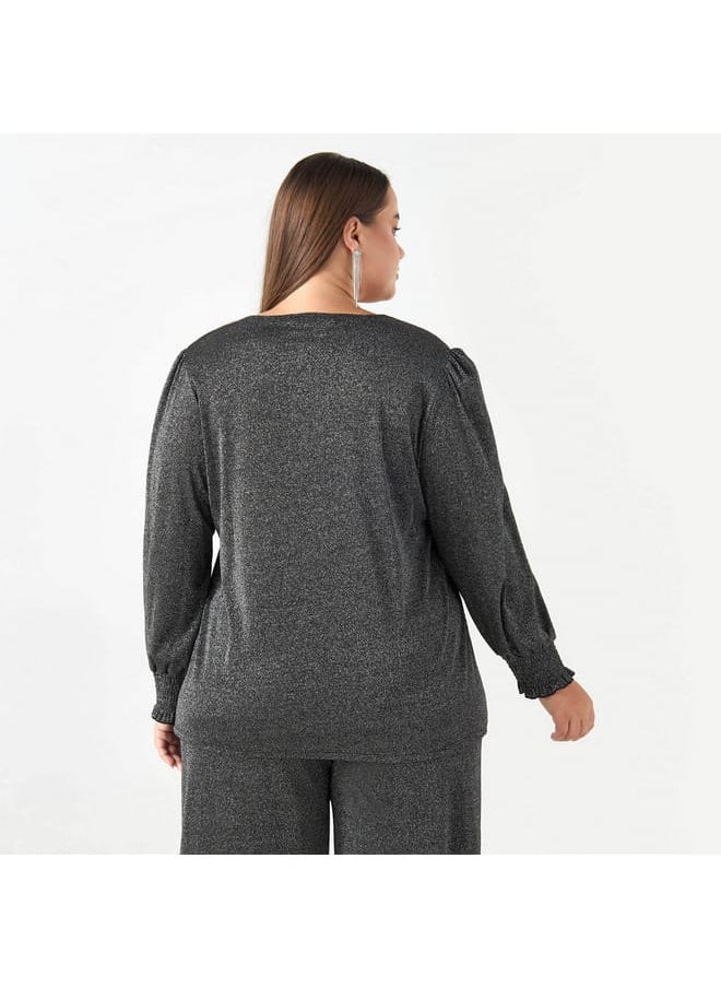 Ulla Popken Plus Size Ulla Popken Textured V-neck T-shirt with Long Sleeves  - Image 2