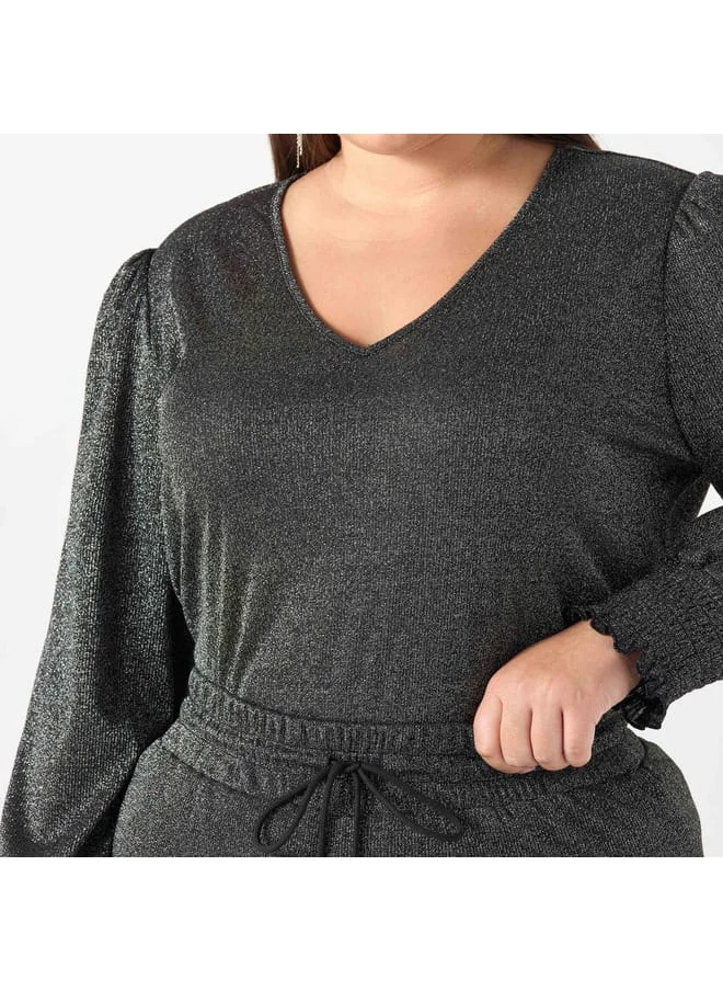 Ulla Popken Plus Size Ulla Popken Textured V-neck T-shirt with Long Sleeves