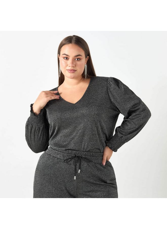 Ulla Popken Plus Size Ulla Popken Textured V-neck T-shirt with Long Sleeves  - Image 1
