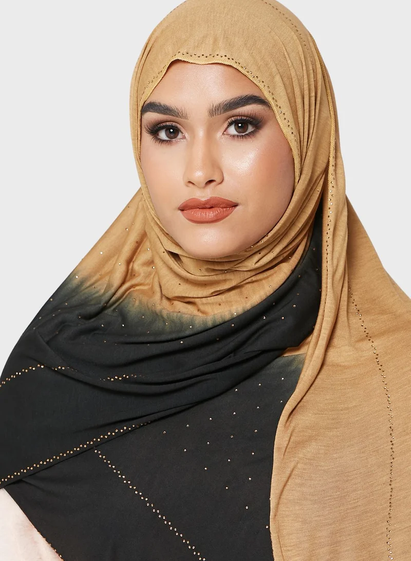 KASHKHA Shaded Jersey Hijab With Stone Work And Logo