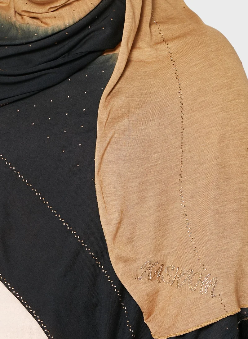 KASHKHA Shaded Jersey Hijab With Stone Work And Logo