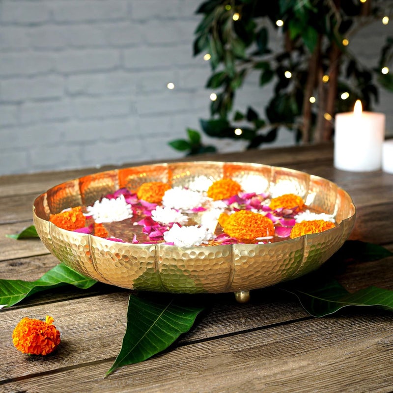 BEHOMA BEHOMA Golden Aluminium Hammered Lotus Design 122 inches Urli Indoor Outdoor Center Table Flower Decorative Bowl for Home Dcor Urali for Haldi Pooja Mehandi Wedding and Holi Decor 1 Pc 1000 ML  - Image 1