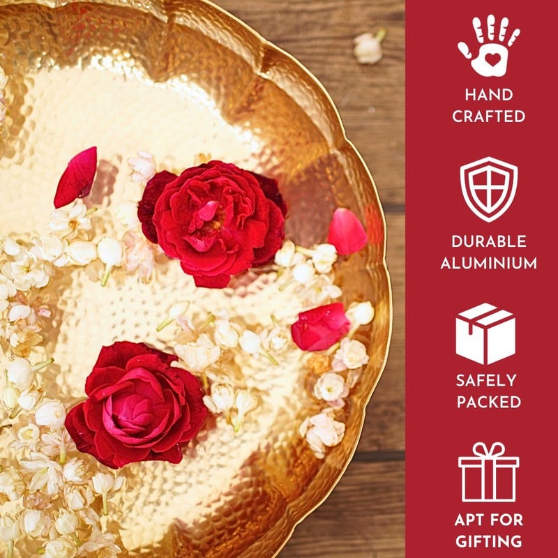 BEHOMA BEHOMA Golden Aluminium Hammered Lotus Design 122 inches Urli Indoor Outdoor Center Table Flower Decorative Bowl for Home Dcor Urali for Haldi Pooja Mehandi Wedding and Holi Decor 1 Pc 1000 ML  - Image 4