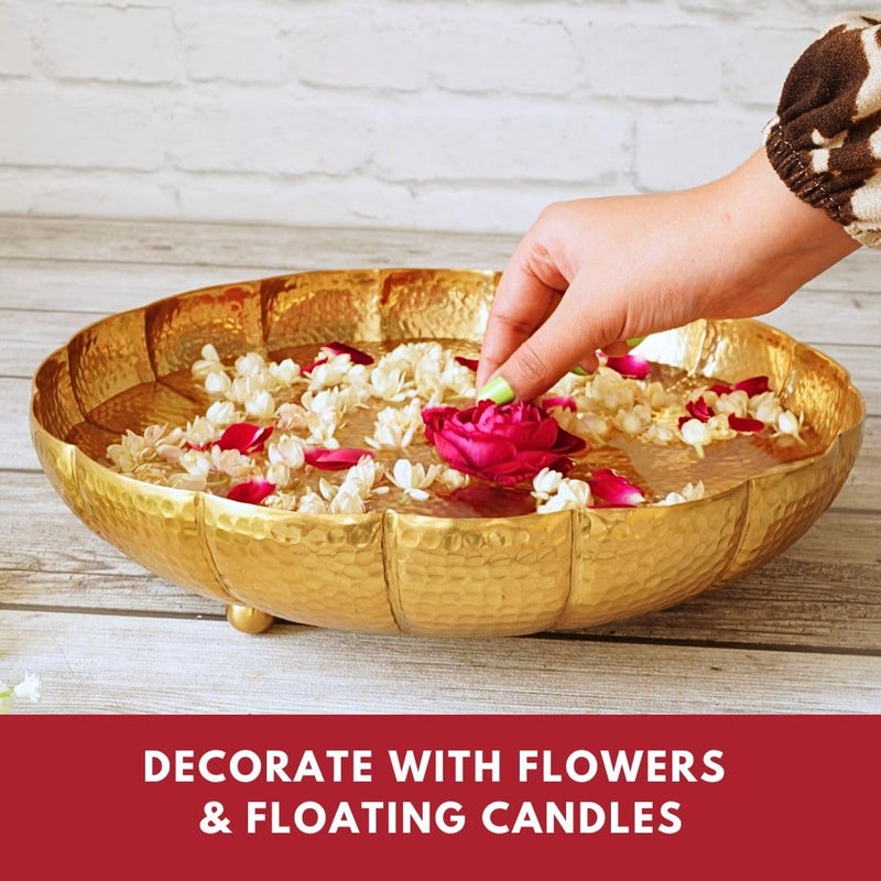 BEHOMA BEHOMA Golden Aluminium Hammered Lotus Design 122 inches Urli Indoor Outdoor Center Table Flower Decorative Bowl for Home Dcor Urali for Haldi Pooja Mehandi Wedding and Holi Decor 1 Pc 1000 ML  - Image 3