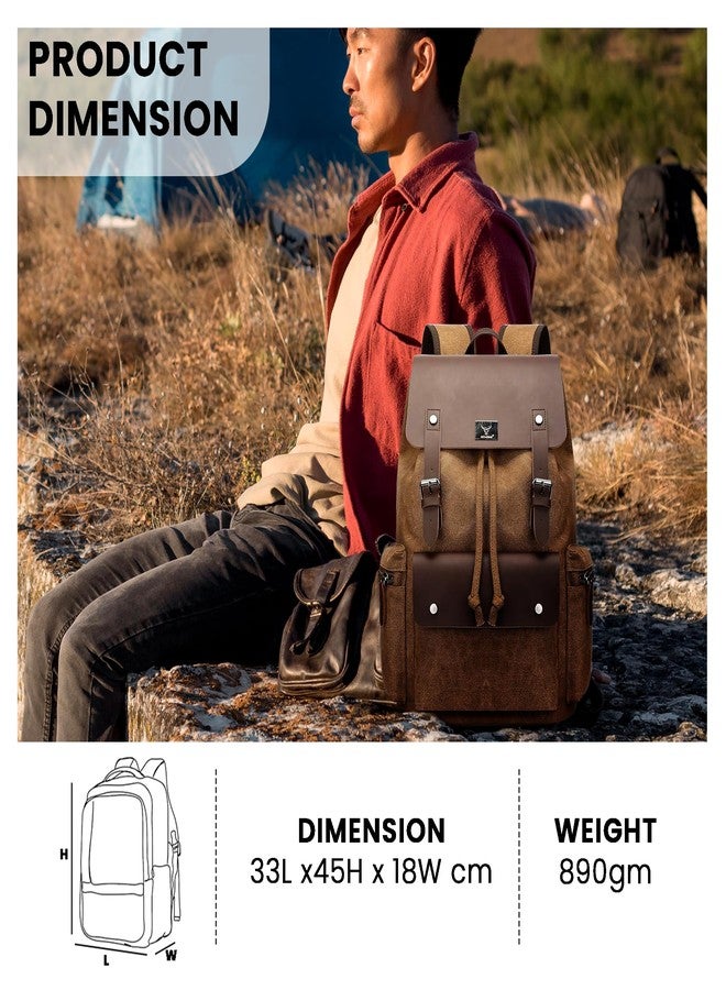 REDHORNS Vintage Canvas Backpack for Men & Women, Eco-Friendly Hiking, College Rucksack - Fits 15.6-Inch Laptop, Water-Resistant, Made with Sustainable Canvas & Vegan Leather - (Coffee Brown) - Image 3