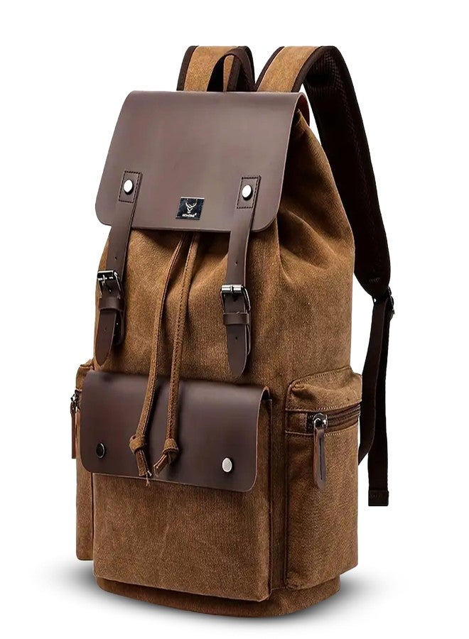 REDHORNS Vintage Canvas Backpack for Men & Women, Eco-Friendly Hiking, College Rucksack - Fits 15.6-Inch Laptop, Water-Resistant, Made with Sustainable Canvas & Vegan Leather - (Coffee Brown) - Image 1