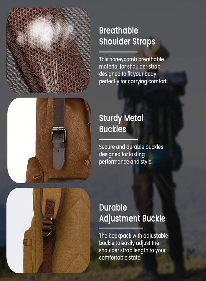 REDHORNS Vintage Canvas Backpack for Men & Women, Eco-Friendly Hiking, College Rucksack - Fits 15.6-Inch Laptop, Water-Resistant, Made with Sustainable Canvas & Vegan Leather - (Coffee Brown) - Image 5