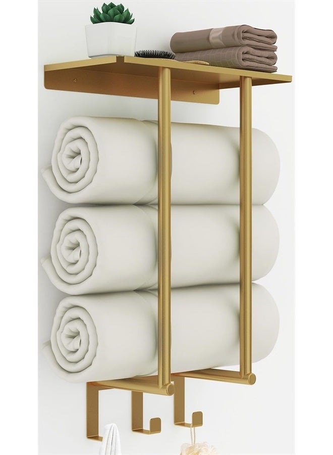 Bethom Towel Rack with Metal Shelf and 3 Hooks, BETHOM Towel Racks for Bathroom Wall Mounted, Metal Bath Towel Holder Storage Hand Towels Wall for Small Bathroom, Gold - Image 1