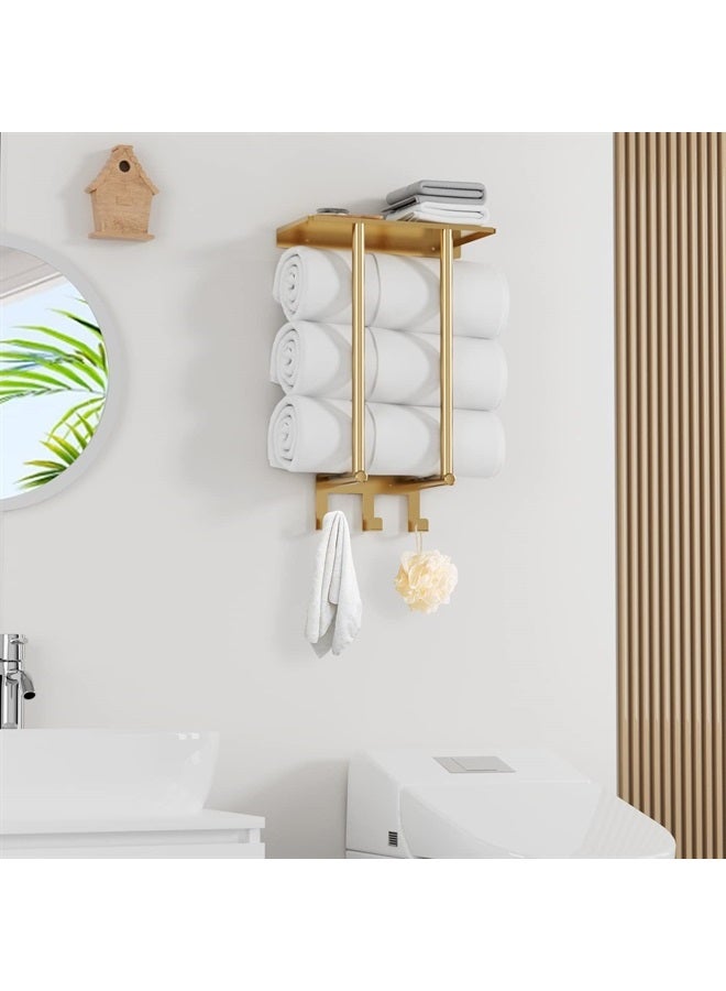 Bethom Towel Rack with Metal Shelf and 3 Hooks, BETHOM Towel Racks for Bathroom Wall Mounted, Metal Bath Towel Holder Storage Hand Towels Wall for Small Bathroom, Gold - Image 2