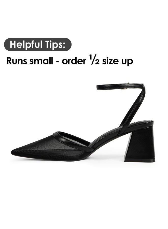 QIY Closed Toe Heels for Women Ankle Strap Pointed Toe Slingback Chunky Low Heels Womens Pumps Wedding Dress Shoes, Black Mesh, 10 - Image 4