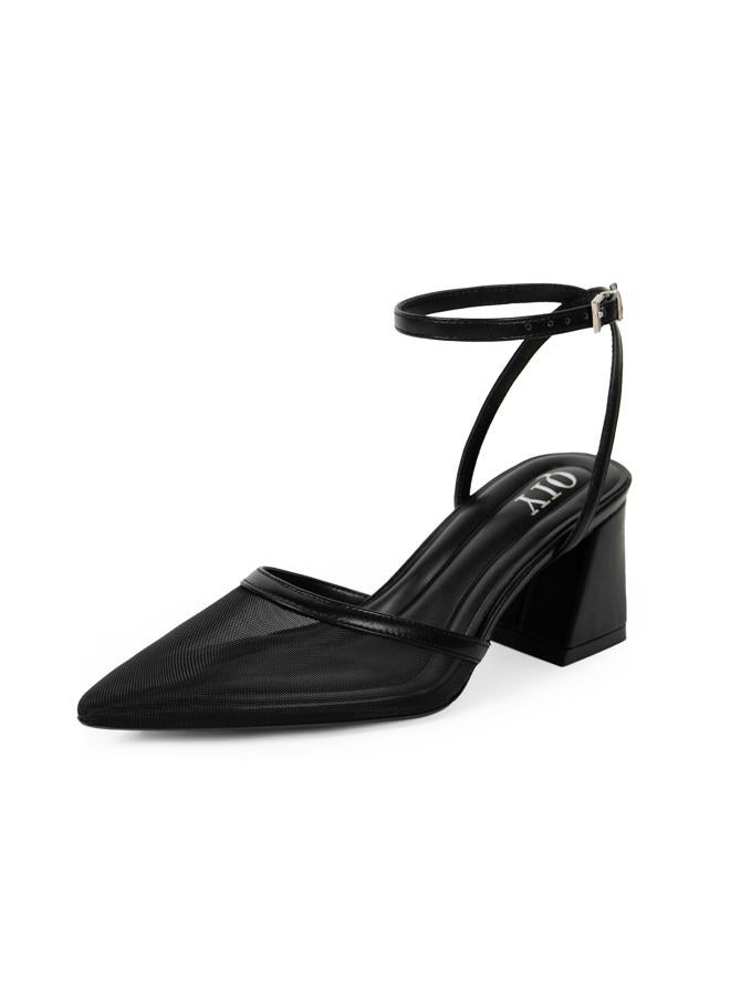 QIY Closed Toe Heels for Women Ankle Strap Pointed Toe Slingback Chunky Low Heels Womens Pumps Wedding Dress Shoes, Black Mesh, 10 - Image 1
