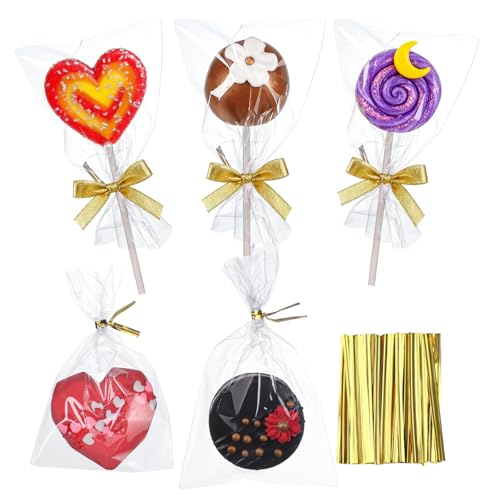 ROSPAKTEK 100 Pcs Cellophane Treat Bags 3x5 Inch with 100 Twist Ties - OPP Plastic Cake Pop Bags for Lollipop, Candy, Chocolate, Cookie Wrapping & Buffet - Image 1