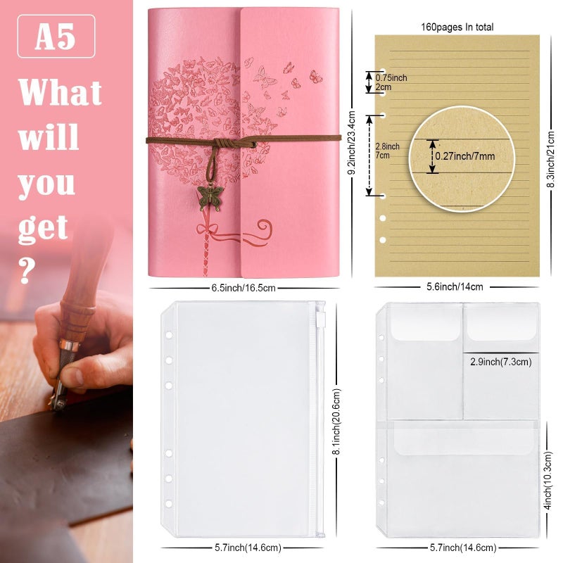 OMEYA Leather Journal Notebook, Refillable Writing Journal Diary Planner, Gifts For Women,Men, Girls, Sister, Friends (Pink, A5-9.3''Ã—6.3'') - Image 2