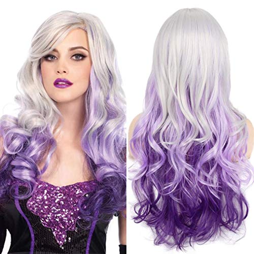 Beweig Long Curly Wavy Silver Grey to Purple Wig Side Part Natural Looking Synthetic Cosplay Wig for Women - Image 1