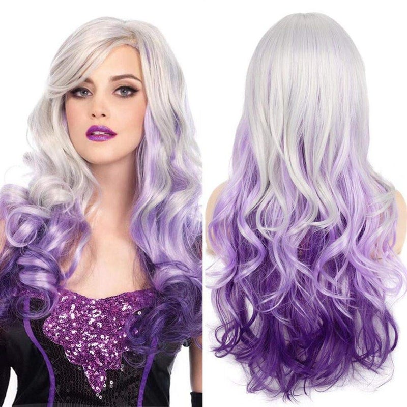 Beweig Long Curly Wavy Silver Grey to Purple Wig Side Part Natural Looking Synthetic Cosplay Wig for Women - Image 2