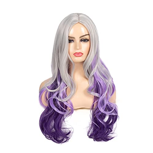 Beweig Long Curly Wavy Silver Grey to Purple Wig Side Part Natural Looking Synthetic Cosplay Wig for Women - Image 3
