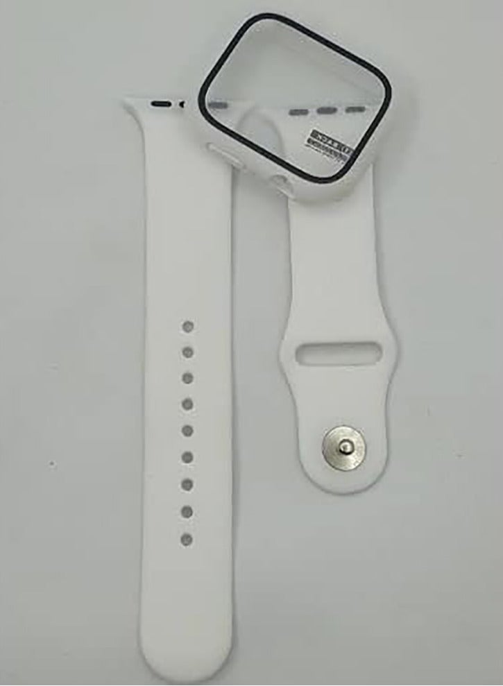 Apple Watch Series 7 & 8 (45mm) Cover With Screen Protector & Silicon Strap Replacement- White - Image 1