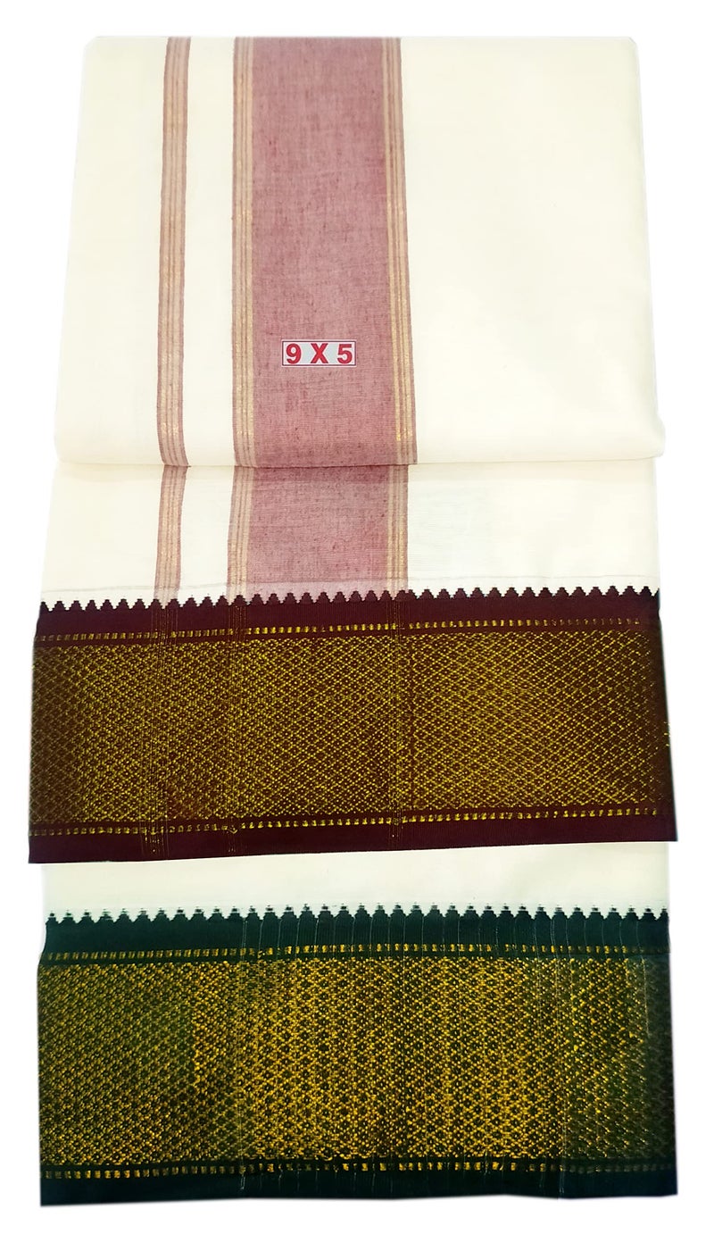YETTALAN® Mens Traditional Mayilkan 9x5 Panjakejam Cotton Dhoti & Towel Set (7Kann 2 INCH Border) - Image 1
