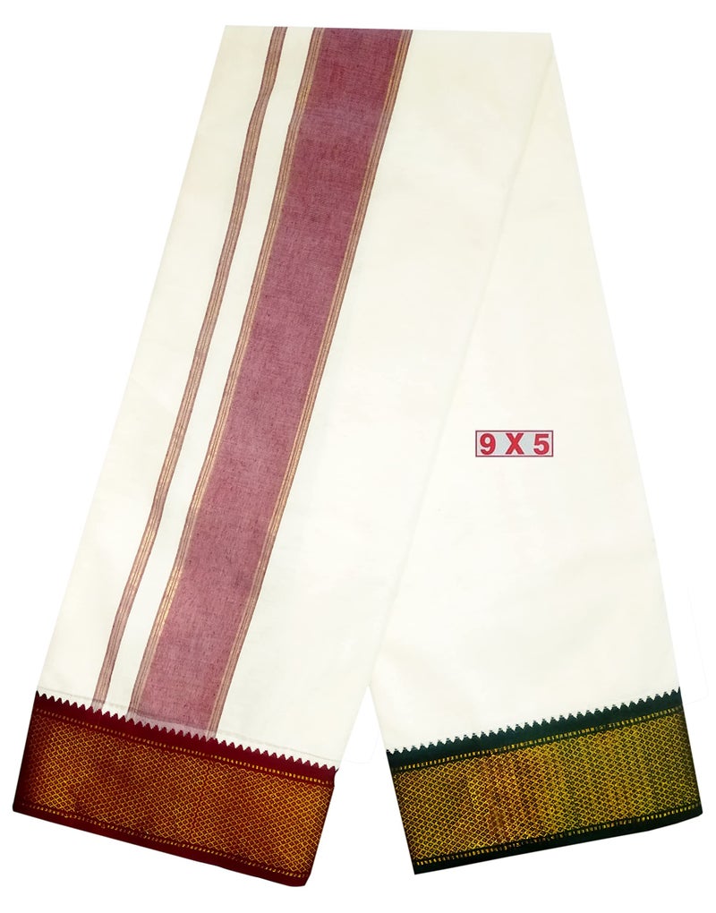 YETTALAN® Mens Traditional Mayilkan 9x5 Panjakejam Cotton Dhoti & Towel Set (7Kann 2 INCH Border) - Image 4