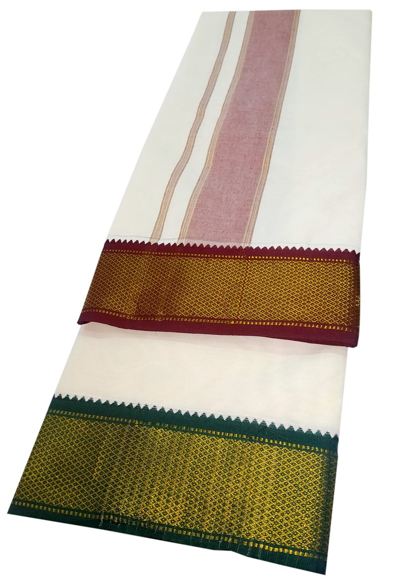 YETTALAN® Mens Traditional Mayilkan 9x5 Panjakejam Cotton Dhoti & Towel Set (7Kann 2 INCH Border) - Image 3