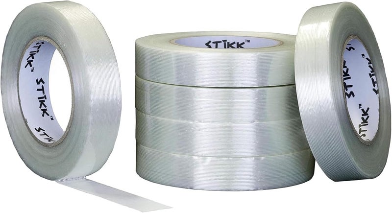 STIKK 6 Pack 1" inch Clear Fiberglass Reinforced Filament Strapping Packing Palletizing Tape (.94in 24MM) - Image 1