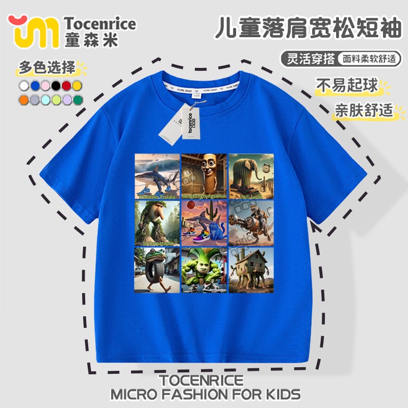 Wooden Stick Clothes Children'S Short Sleeve T-Shirt Tungtungsahur All Elder Brother Abstract Foreign Mountain Sea Sutra Children'S Clothing Tide - Image 4