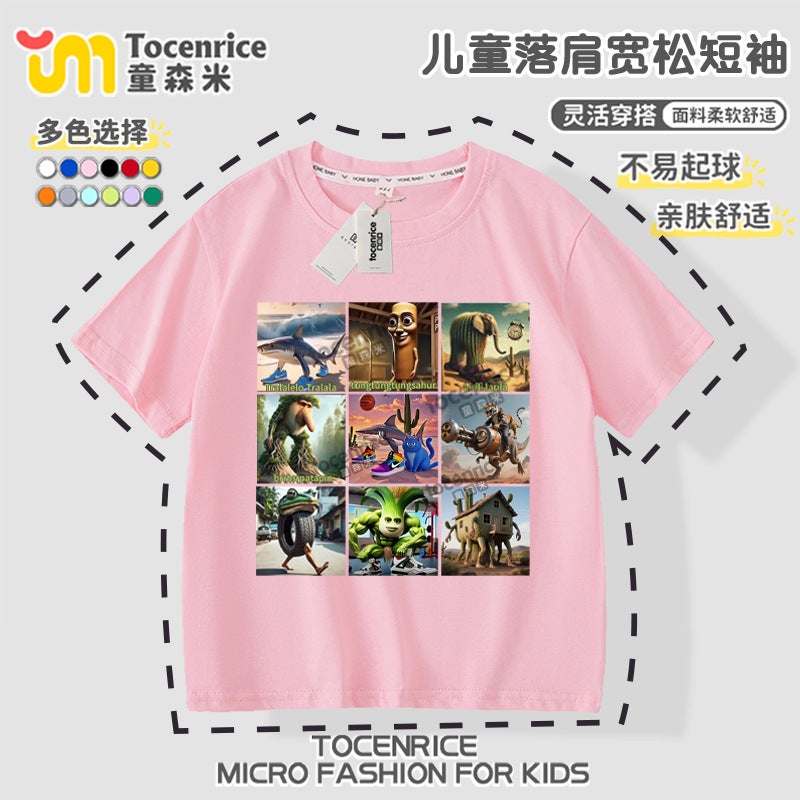 Wooden Stick Clothes Children'S Short Sleeve T-Shirt Tungtungsahur All Elder Brother Abstract Foreign Mountain Sea Sutra Children'S Clothing Tide - Image 1