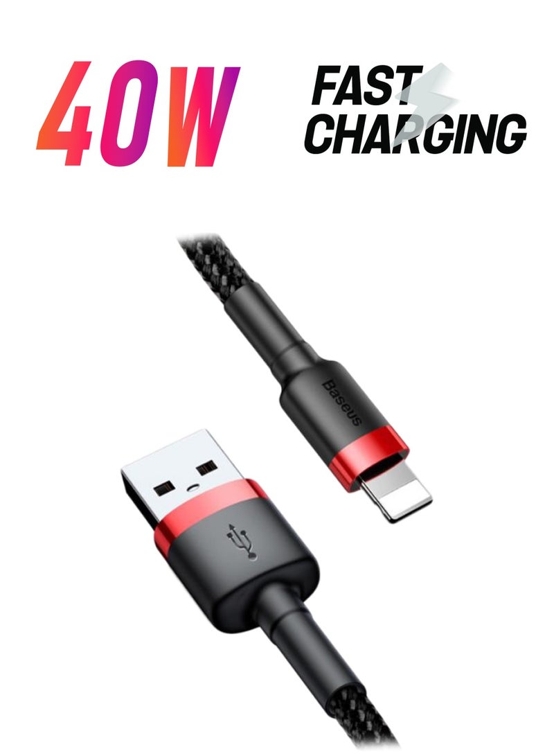 Baseus USB to Lightning Charging Cable Cafule Nylon Braided High-Density Quick Charge Compatible for iPhone 13 12 11 Pro Max Mini XS X 8 7 6 5 SE iPad (2 Meter) Red/Black - Image 1