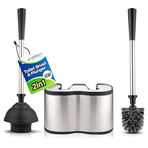UMIEN Toilet Brush and Plunger Set 18in  Updated 2025 NoRust  Stainless Steel Design  Long Handles  with Freestanding Canister