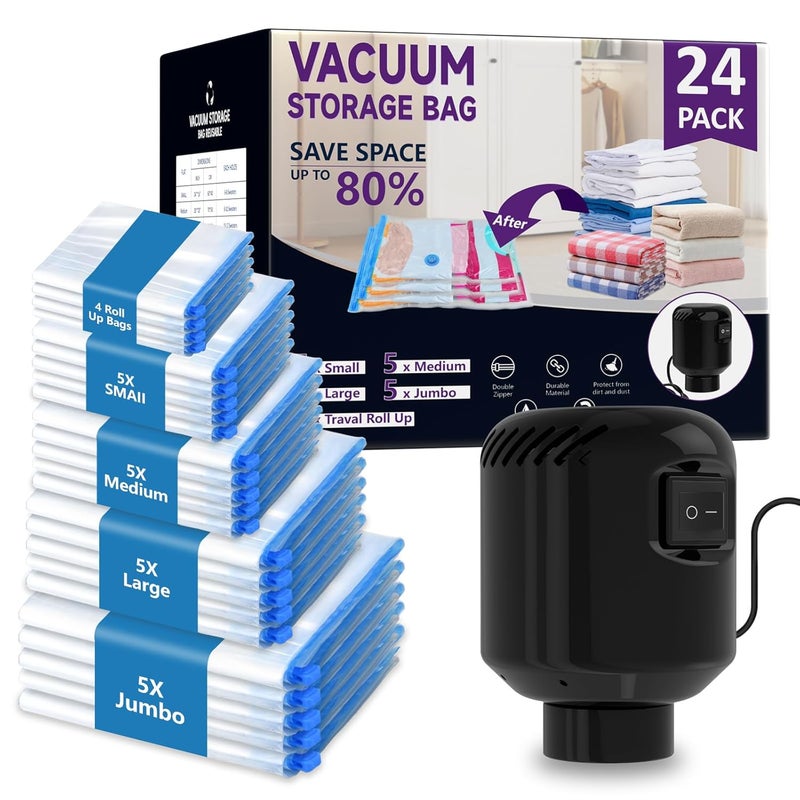 MORECOO 24 Pack Vacuum Storage Bags with Electric Pump Reduce Volume by 80 5 Sizes for Clothes Bedding Airtight Waterproof Seal Space Saver Compression Bags for Travel Home Organization - Image 1