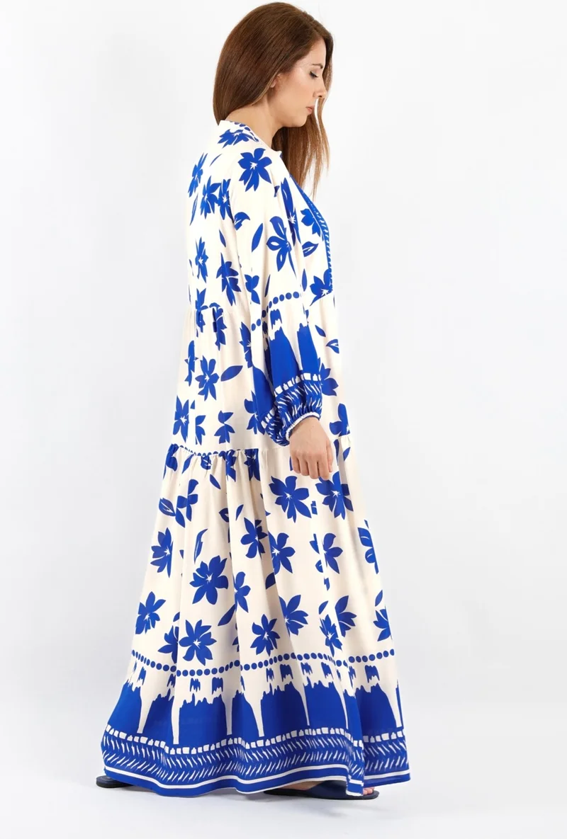 ريتنيس Prive Women's Dulce 100% Viscose Maxi Length Blue Cream Long Summer Dress