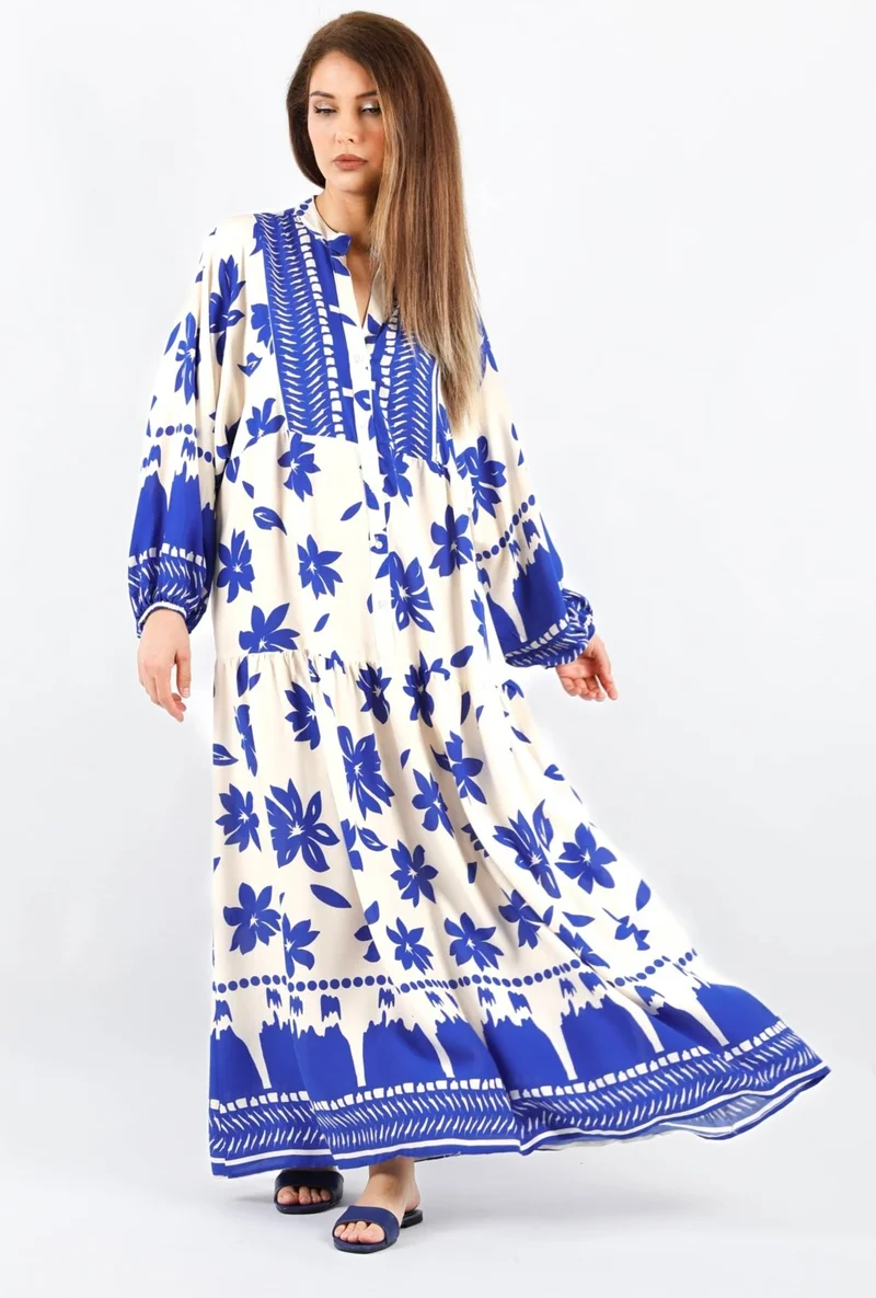 ريتنيس Prive Women's Dulce 100% Viscose Maxi Length Blue Cream Long Summer Dress