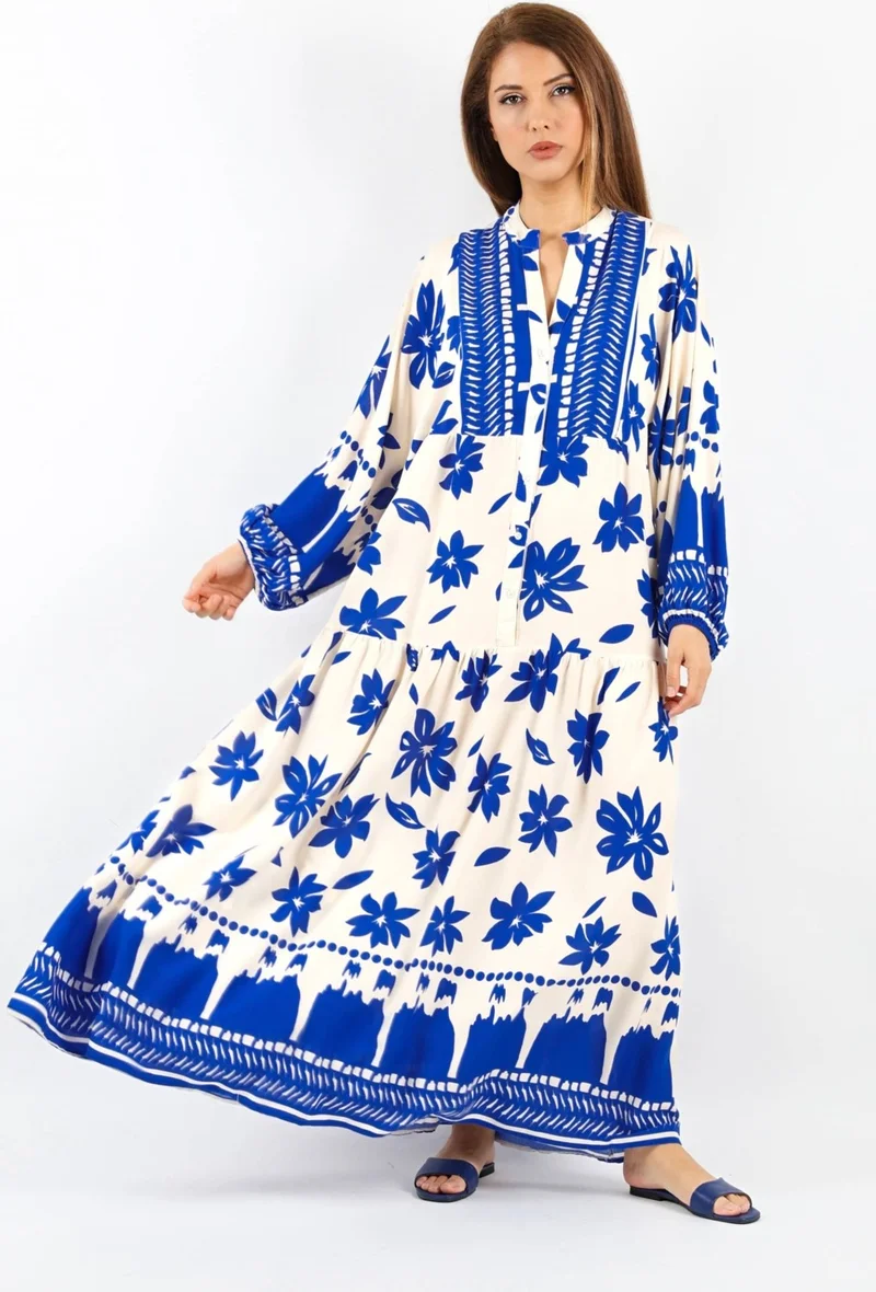 ريتنيس Prive Women's Dulce 100% Viscose Maxi Length Blue Cream Long Summer Dress