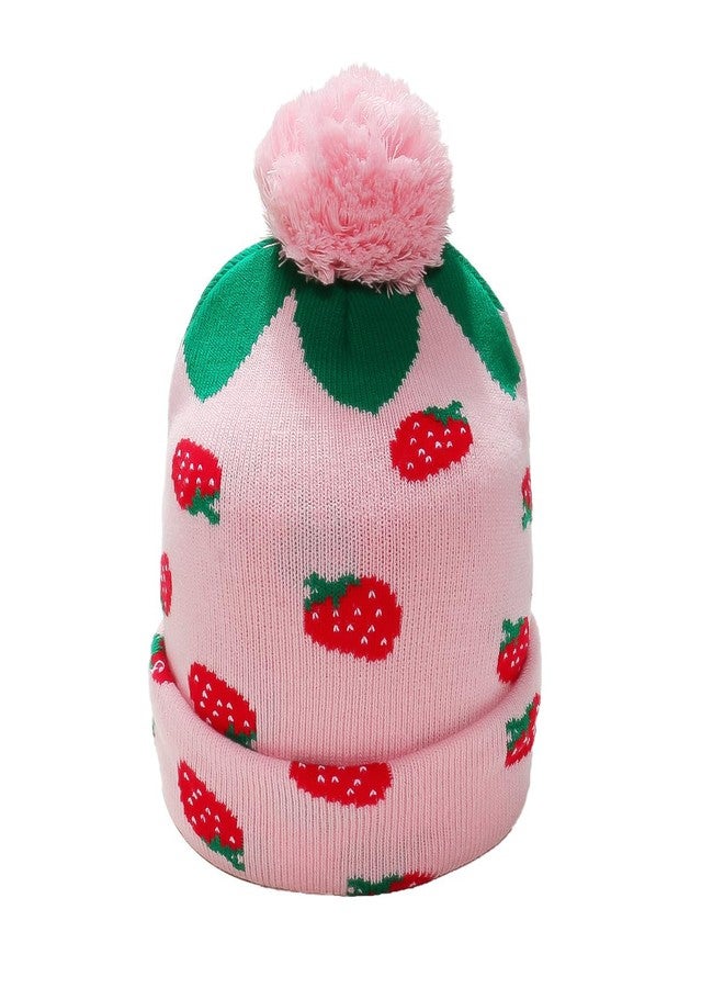 Newfancy Kids Girls Winter Strawberry Beanie Hat with Pom Pom Soft Cute Knitted Cap Toddler Little Girls - Image 2