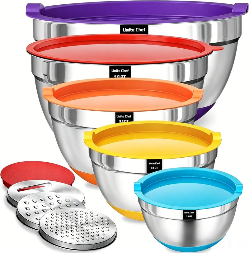 Umite Chef Mixing Bowls with Airtight Lids Set, 8PCS Stainless Steel Nesting Bowls Set, 3 Grater Attachments & Non-Slip Bottoms, Size 5, 4, 3.5, 2, 1.5QT for Baking & Mixing(Colorful) - Image 1