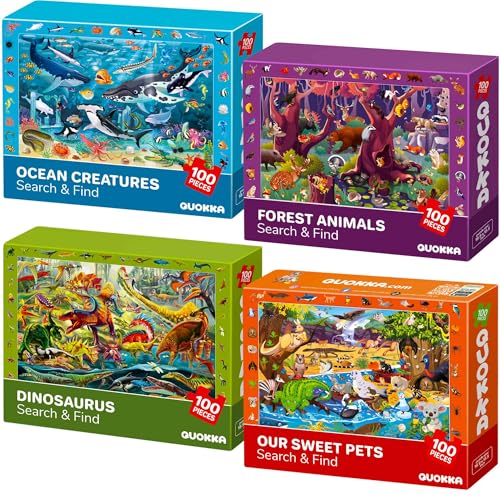 QUOKKA 100 Piece Puzzles for Kids Ages 4-6 - 4 Jigsaw Puzzles for Kids Ages 6-8 - Search and Find Game with Animals, Dinosaurs for Childrens 5-8 - Learning Educational Toys for Boys and Girls 8-11 - Image 1