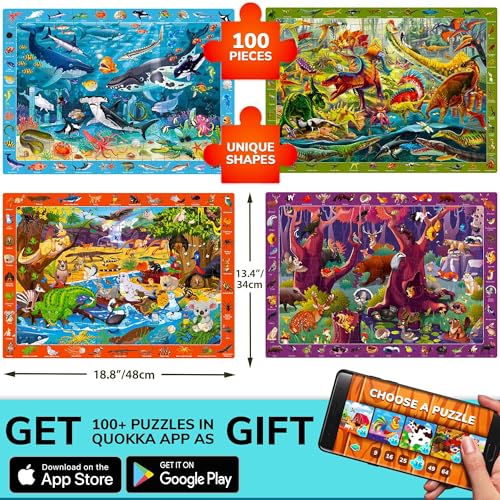 QUOKKA 100 Piece Puzzles for Kids Ages 4-6 - 4 Jigsaw Puzzles for Kids Ages 6-8 - Search and Find Game with Animals, Dinosaurs for Childrens 5-8 - Learning Educational Toys for Boys and Girls 8-11 - Image 5