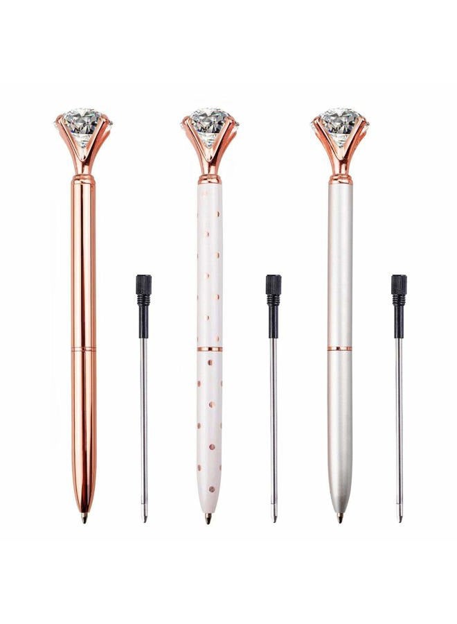 LONGKEY 3PCS Diamond Pens Large Crystal Diamond Ballpoint Pen Bling Metal Ballpoint Pen Office and School, Silver/White Rose Polka Dot/Rose Gold, Including 3Pen Refills. - Image 2