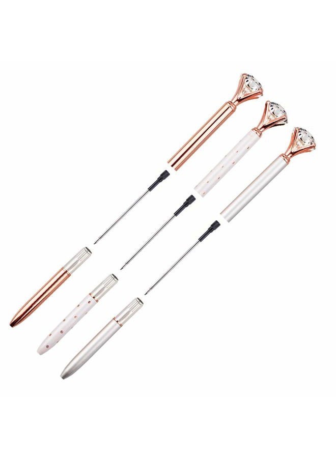 LONGKEY 3PCS Diamond Pens Large Crystal Diamond Ballpoint Pen Bling Metal Ballpoint Pen Office and School, Silver/White Rose Polka Dot/Rose Gold, Including 3Pen Refills. - Image 4