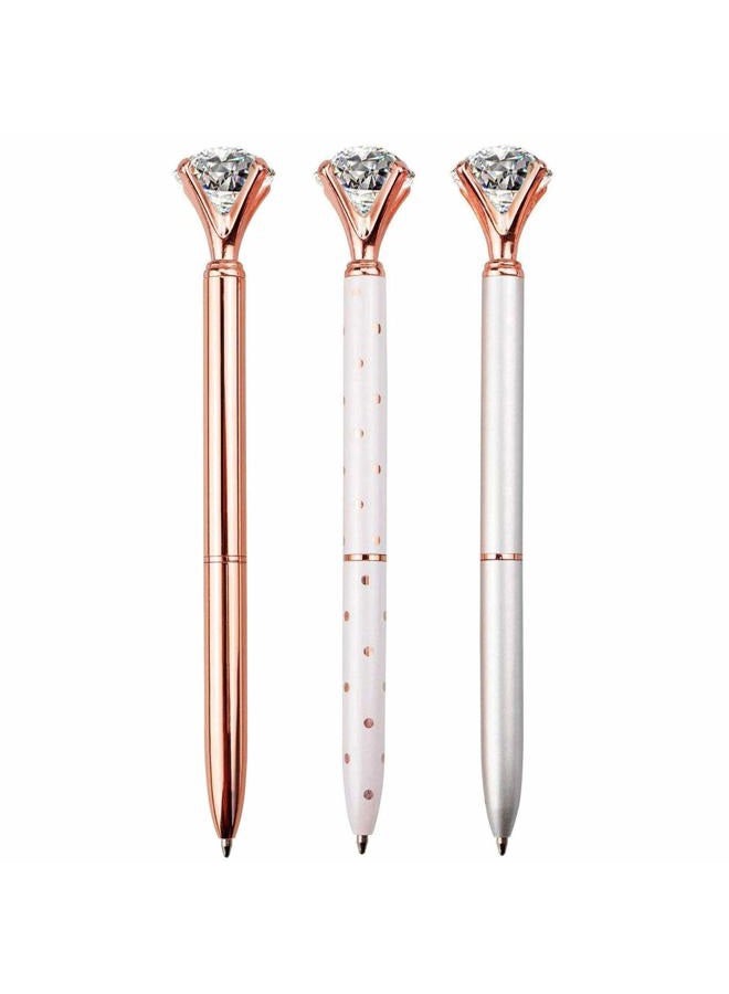 LONGKEY 3PCS Diamond Pens Large Crystal Diamond Ballpoint Pen Bling Metal Ballpoint Pen Office and School, Silver/White Rose Polka Dot/Rose Gold, Including 3Pen Refills. - Image 1